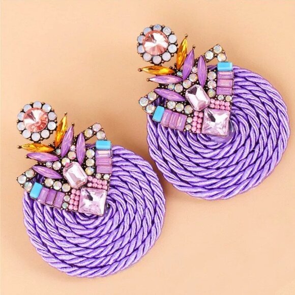 Rhinestone Drop Earrings Fashion Statement Purple Studs Women's Wicker Jewelry - Picture 3 of 4
